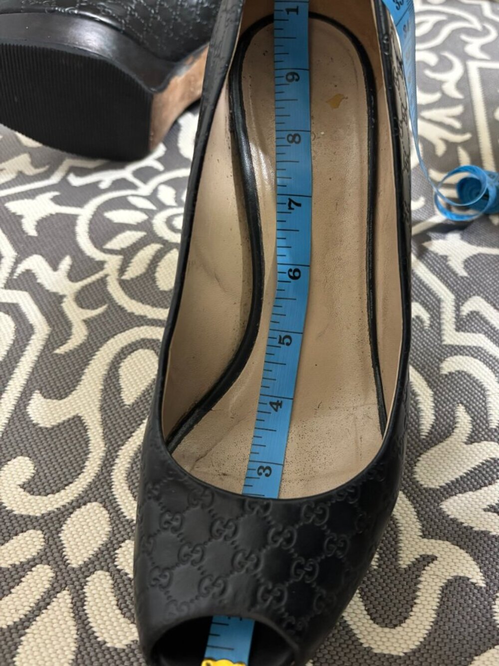 Gucci Black Peep=toe Block Heels Embossed Pumps Monogram Guccissima - Picture 5 of 10